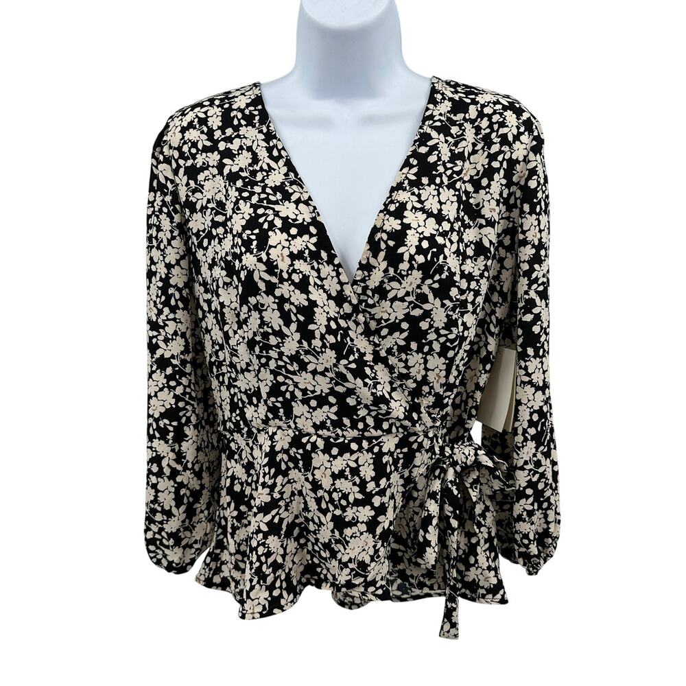 Meraki Floral Wrap Blouse WMNS L Black White Print Long Sleeve Peplum Top V-neck